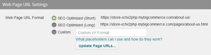 Big Commerce Page URL Settings
