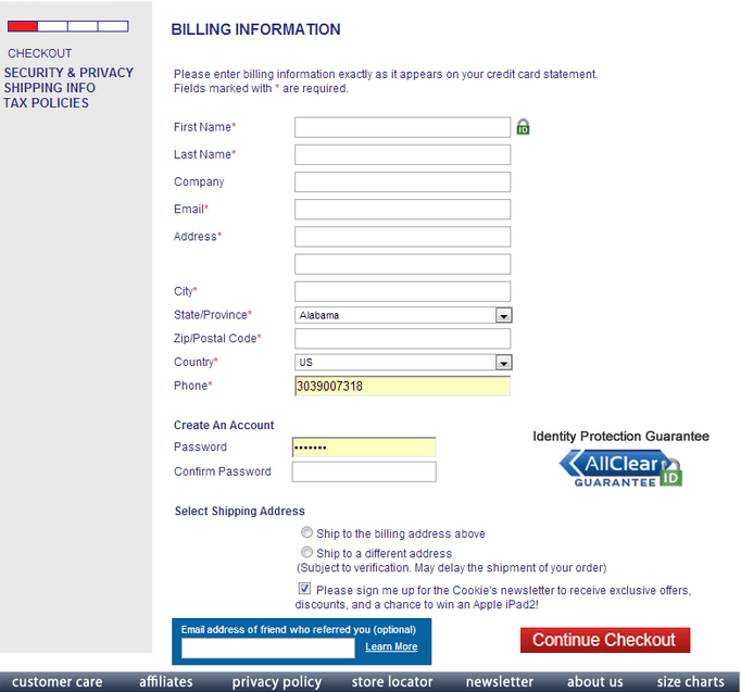 Cookies Billing page after C R O. An I D lock icon is beside the "First Name" text box. The "Identity protection guarantee. All Clear Guarantee" seal is next to the "create an Account" password text boxes. The "email address of friend who referred you" textbox is at the bottom of the form. 