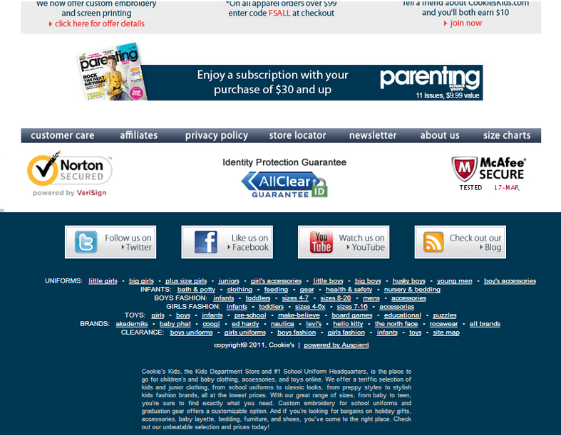 Cookies footer after C R O. Three seals are placed below the bottom menu and above the footer: Norton secured, Identity protection Guarantee: All Clear Guarantee, McAfee Secure. 