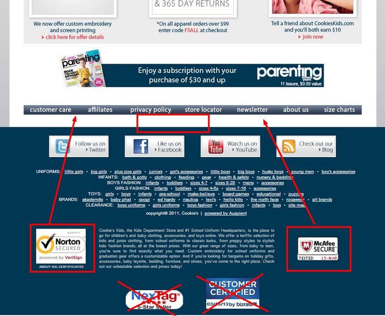 Cookies Footer before C R O. The footer contains four seals: Norton Secured, McAfee Secure, NexTag, Customer Certified. The Nex Tag and Customer certified seals are crossed out. Arrows point from the Norton Secured and McAfee Secure seals to a position just above the footer. 