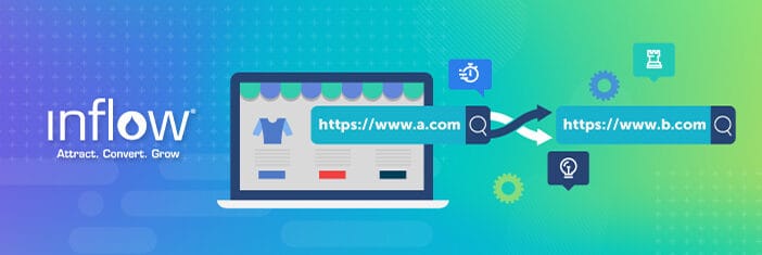 Illustration of laptop showing eCommerce website, with URL A being redirected to URL B. Logo: Inflow. Attract. Convert. Grow.