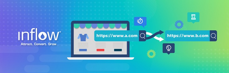 Illustration of laptop showing eCommerce website, with URL A being redirected to URL B. Logo: Inflow. Attract. Convert. Grow.