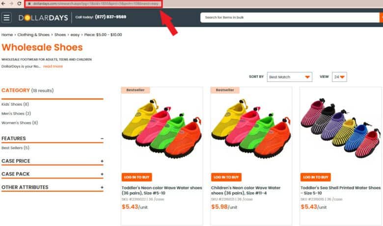 DollarDays.com screenshot of footwear  class  page, with an arrow pointing to the dynamic URL generated by filter selections