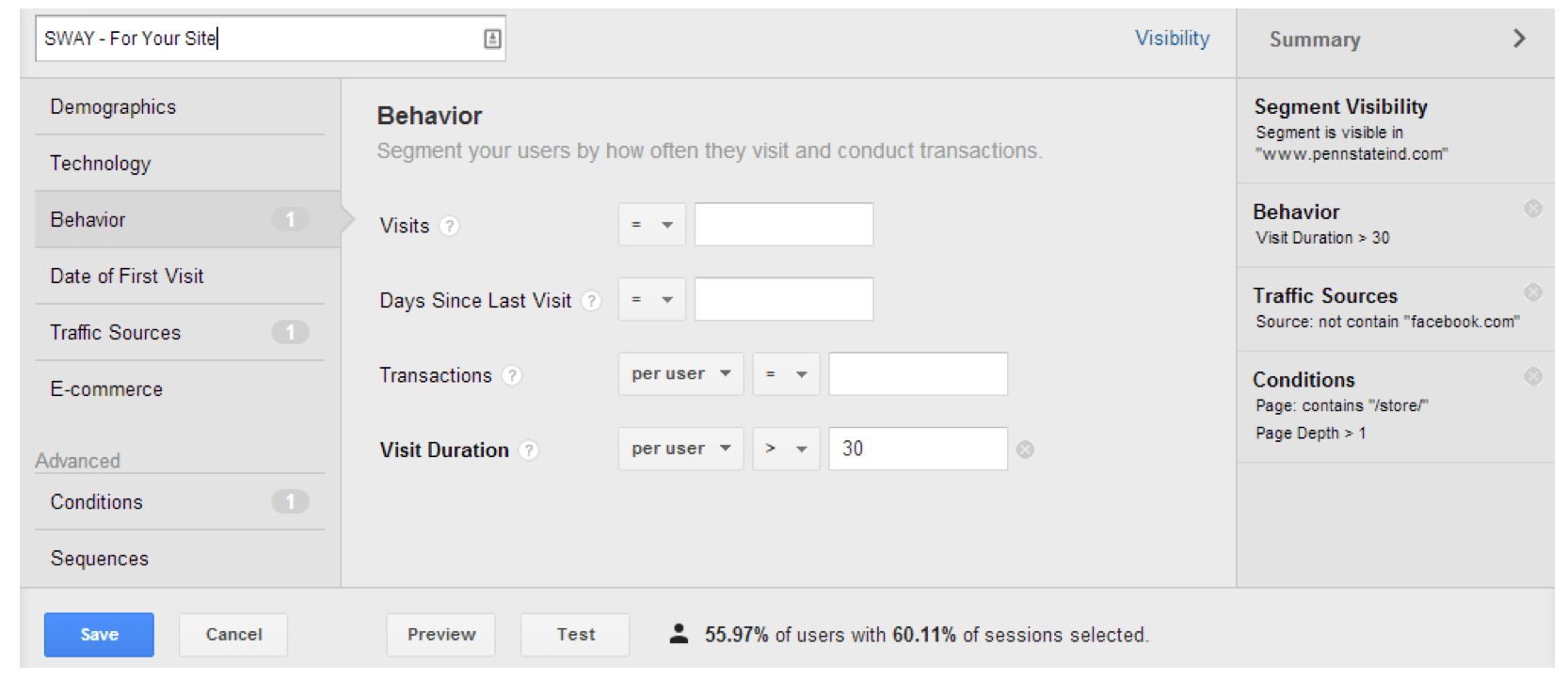 Google Analytics screenshot Behavior menu. Four text boxes labeled Visits, days since last visit, transactions, visit duration. Text in the visit duration textbox: 30. 