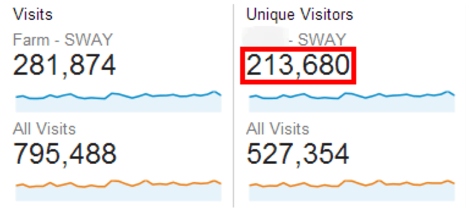 Two columns of data as follows: Visits: Farm - S W A Y: 281,874, All visits: 795,488. Unique Visitors: S W A Y: 213,680, All visits: 527,354. Unique visitors: S W A Y is circled. 