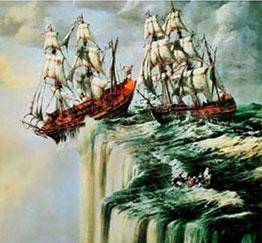 An illustration of two ships sailing off the edge of the world. 