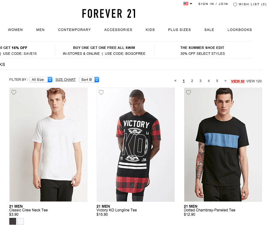 Forever 21 product gallery screenshot. Each product consists of a photograph of a model wearing the product followed by the name of the product and price. 