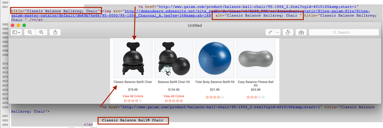 Four products from Gaiam. Behind them are a window of code. An arrow points to the first product from code above the products as follows: <a href = "link" title="Classic Balance Ball® chair" <img arc = "link" "alt="classic balance ball® chair" title = "Classic Balance Ball® chair" /></a>.  The first title and alt are circled. A second arrow points to the first product from a circled code below the product "Classic Balance Ball Chair."