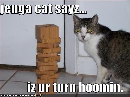 A photograph of a cat and Jenga. Text states: Jenga cat sayz?  is ur turn hoomin. 