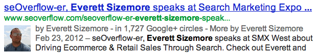 Google Search result titled SeOverflow-er, Everett Sizemore speaks at Search Marketing Expo. 