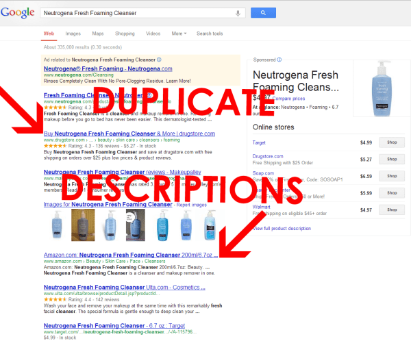 Google search results for Neutrogena Fresh Foaming Cleanser. The second and fourth results both have the exact search text. Arrows pointing to both results are labeled duplicate descriptions. 