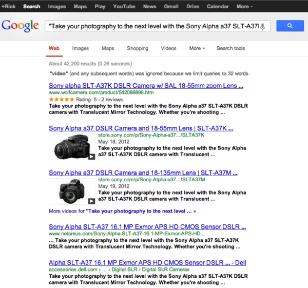 Google search results for "Take your photograph to the next level with the Sony Alpha a 37 S L T-A 37." The top five results have the exact text in the result. 