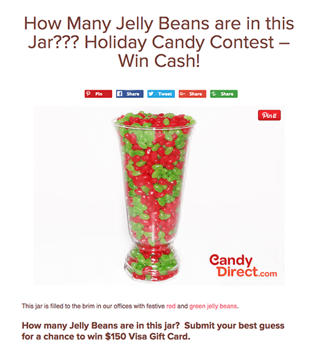 Candy Direct contest. A photograph of a glass jar filled with jelly beans. Text at the top states: How many Jelly beans are in this jar??? Holiday Candy contest - win Cash!