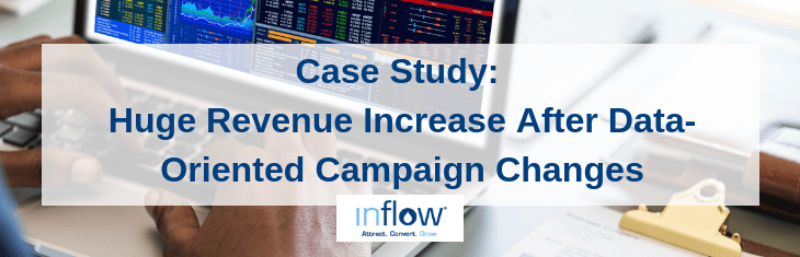 Case Study: Huge Revenue Increase After Data-Oriented Campaign Changes. Logo: Inflow. Attract. Convert. Grow.