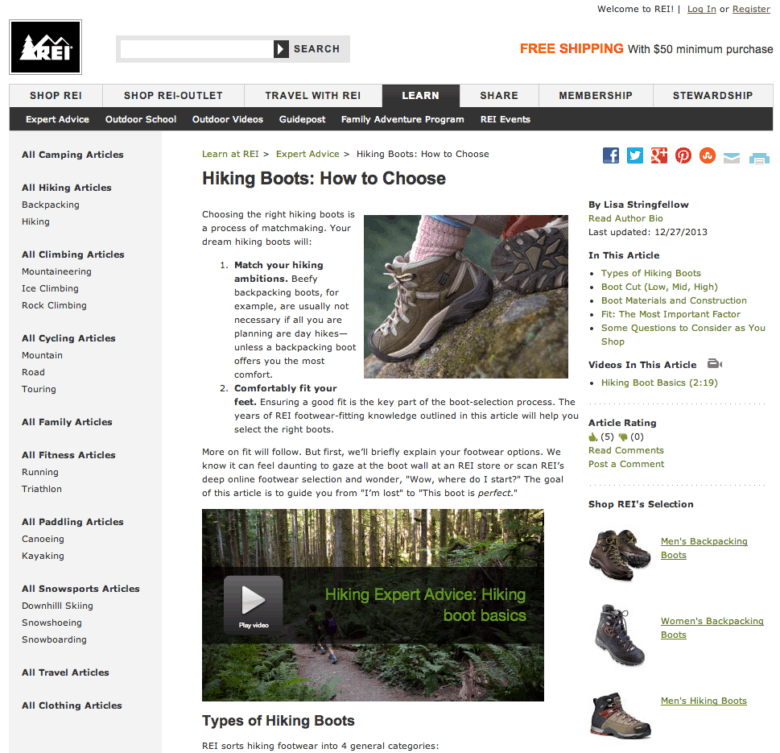 R E I Learn page. An article titled: Hiking Boots: How to choose. 