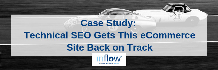 Case Study: Technical S E O Gets This eCommerce Site Back on Track. Logo: Inflow. Attract. Convert. Grow.