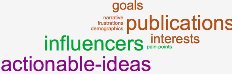 A word cloud. From largest to smallest text size, 9 words as follows: publications, influencers, actionable-ideas, goals, interests, narrative, frustrations, demographics, pain-points.