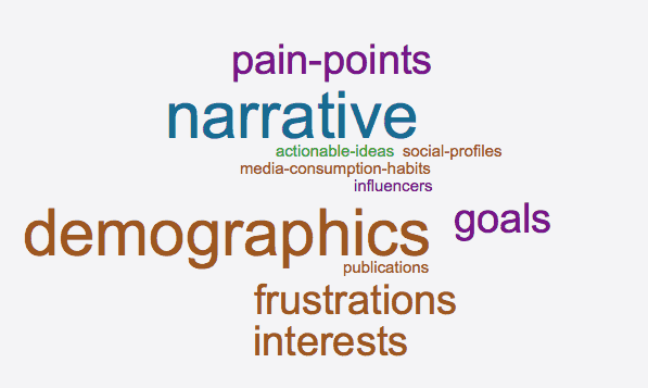 A word cloud. From largest to smallest text size, 11 words as follows: narrative, demographics, pain-points, goals, frustrations, interests, actionable-ideas, social-profiles, media-consumption-habits, influencers, publications. 