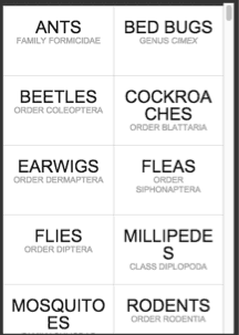 Orkin mobile screenshot of two columns of pest common names. 