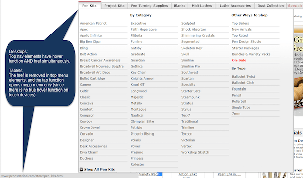 A menu with 8 tabs. The first tab is selected and extended. The extended menu contains four categories with many subcategories. An arrow pointing to the menu and to the loading U R L link "www.pennstateind.com/store/pen-kits.html: is labeled Desktops: Top nav elements have hover function AND href simultaneously. Tablets: The href is removed in top menu elements, and the tap function opens mega menu only (since there is no true hover function on touch devices). 