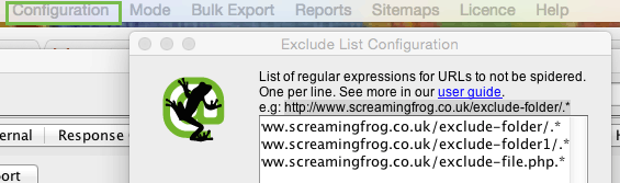 Screaming Frog exclude list configuration page. A textbox labeled List of regular expressions for U R L's to not be spidered. One per line. 