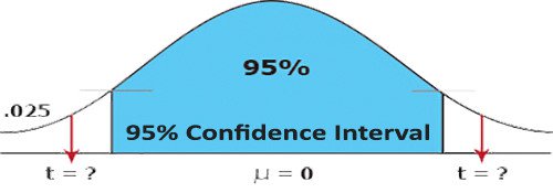 A bell curve. An area from one side of the peak to the other is marked 95%, 95% confidence interval. The first tail is marked 0.25. Two arrows point downward from the left and right tail to points on the horizontal axis labeled: t equals question mark. Population mean equals 0. 