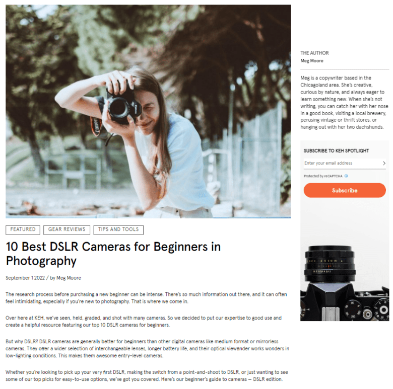 K E H Camera blog post. Title: 10 Best D S L R Cameras for Beginners in Photography. Categories: Featured. Gear Reviews. Tips and Tools.