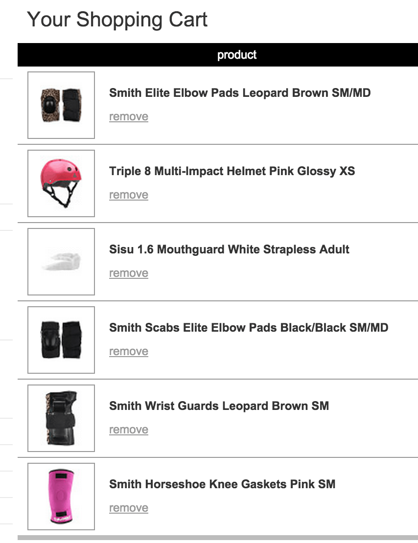 Shopping cart screenshot with 6 products related to roller derby. 