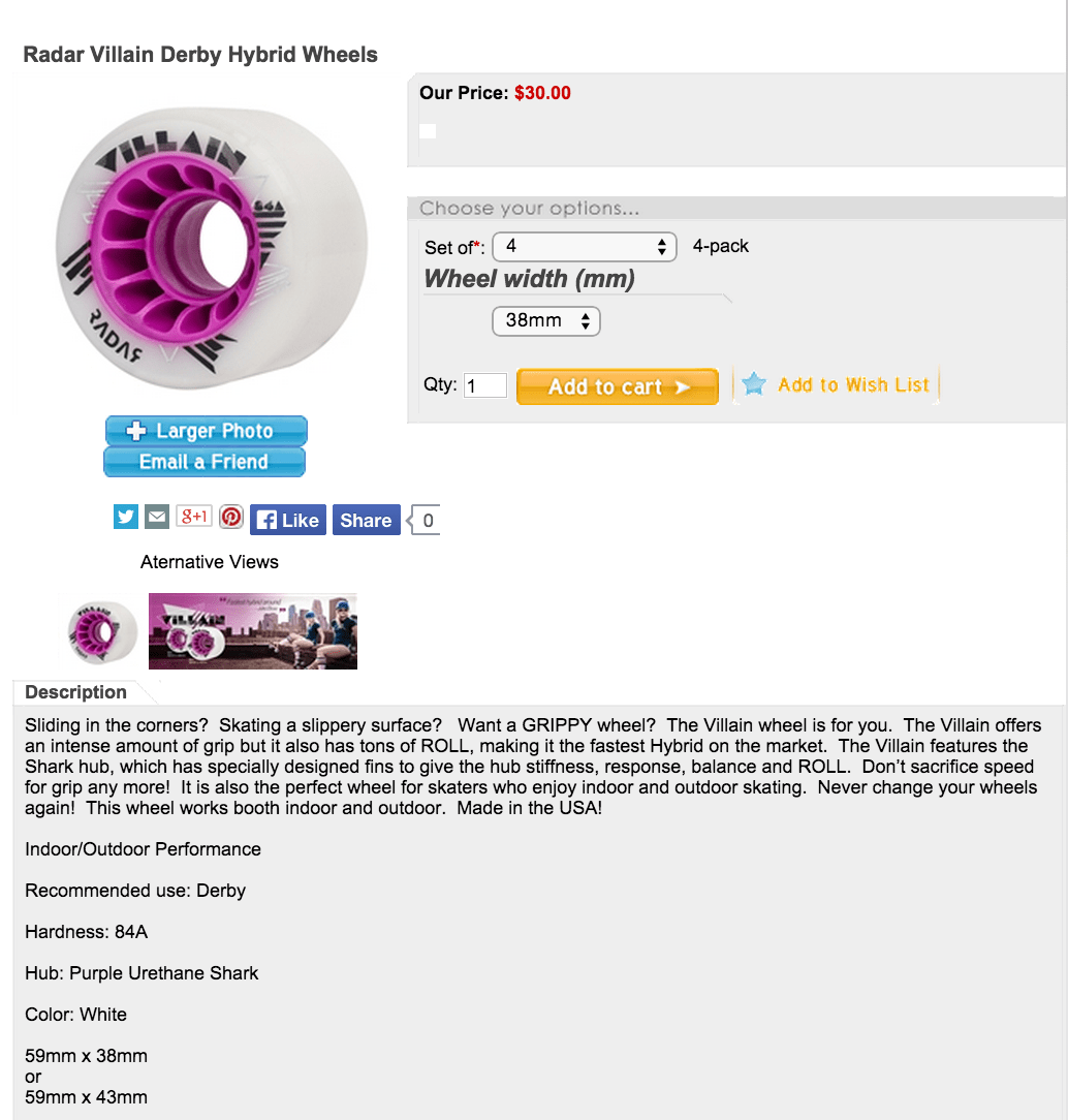 A product detail page for Radar Villain Derby Hybrid Wheels. The first four sentences of the description are: Sliding  the corners? Skating a slippery surface? Want a grippy wheel? The Villain wheel is for you. 