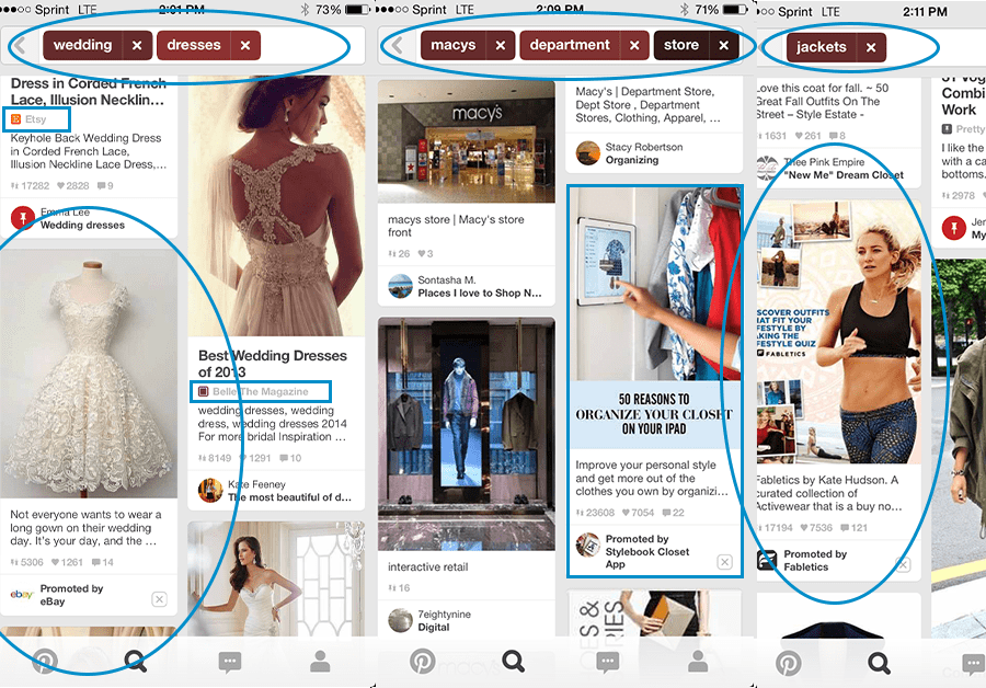 Three Pinterest screenshots. In the screenshot on the left, two circled tags at the top: Wedding and dresses. Below a circled pin promoted by eBay of a wedding dress. In the screenshot in the middle, three circled tags at the top: Macys, department, store. In the screenshot on the right, one circled tag at the top: Jackets. Below, a circled pin promoted by Fabletics of athletic gear. 