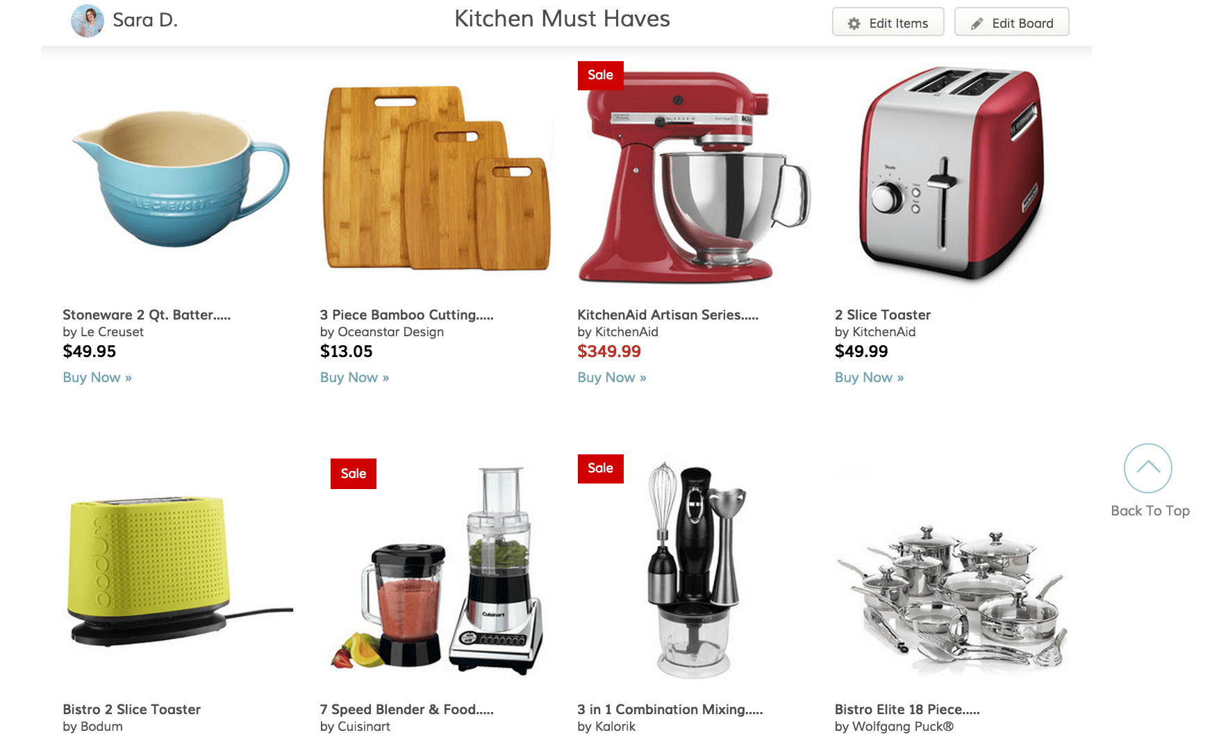 Wayfair page from Sara D. titled Kitchen Must haves with 8 products. 