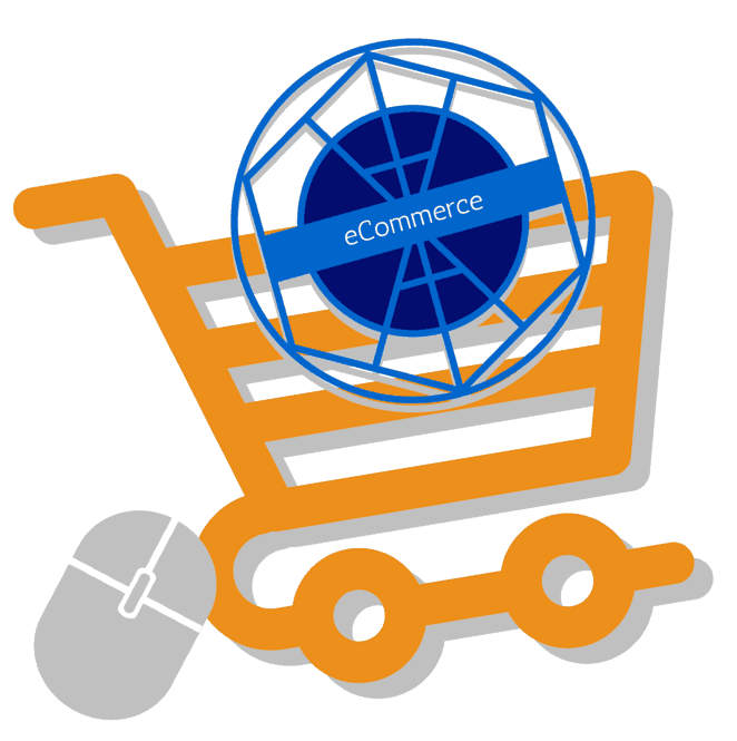 An illustration of a shopping cart with the text: eCommerce. 