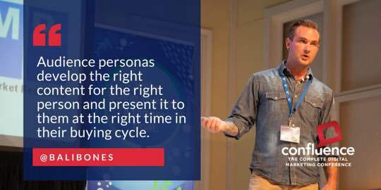 A photograph of Everett presenting at the Confluence conference. Text states "Audience personas develop the right content for the right person and present it to them at the right time in their buying cycle." @Balibones. 