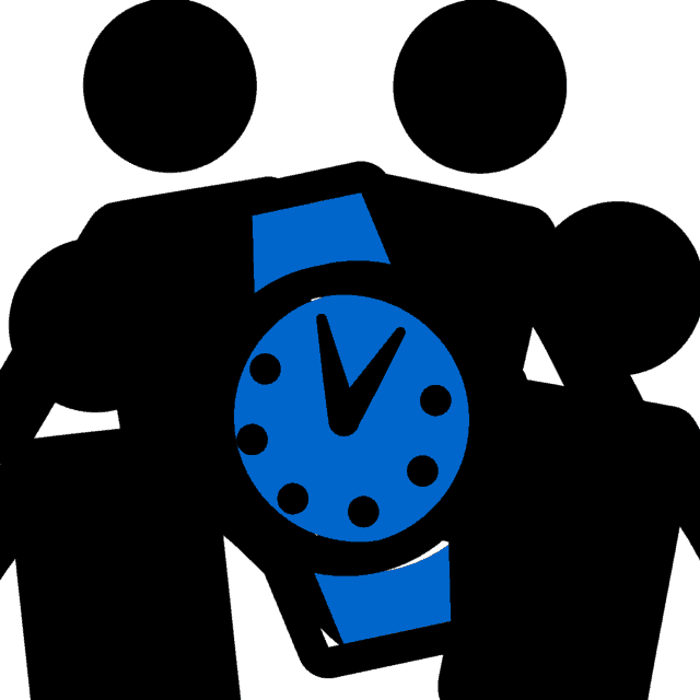 An illustration of four people with a large watch in front of them. 