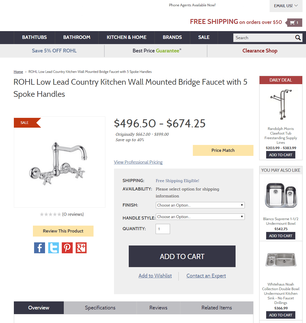 A product detail page for a faucet. 