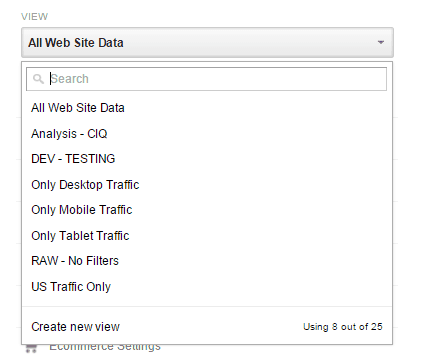 All web site data options box with the following options all web site data, analysis C I Q, Dev-testing, Only desktop traffic, only mobile traffic, only tablet traffic, R A W - no filters, U S traffic only. 