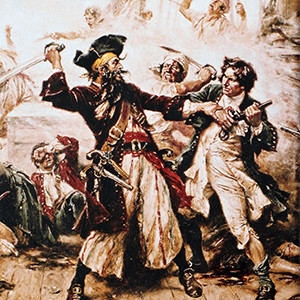 A painting titled The capture of the pirate Blackbeard.