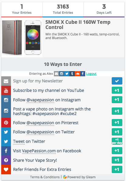 A screenshot of the entry. Three pieces of data at the top: Your entries, Total entries, Days left. Below are 10 ways to enter each worth plus 1. 