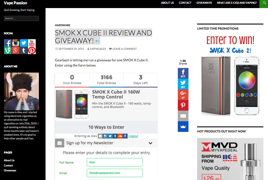 A page titled Vape Passion with an article titled: Smok X Cube I I Review and Giveaway!