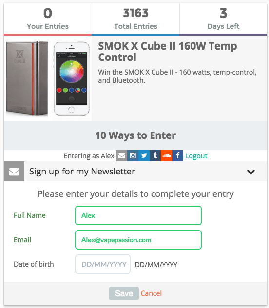 A screenshot of the entry. Three pieces of data at the top: Your entries, Total entries, Days left. Below A section titled Sign up for my Newsletter with three textboxes: Full name, email, ad date of birth. 