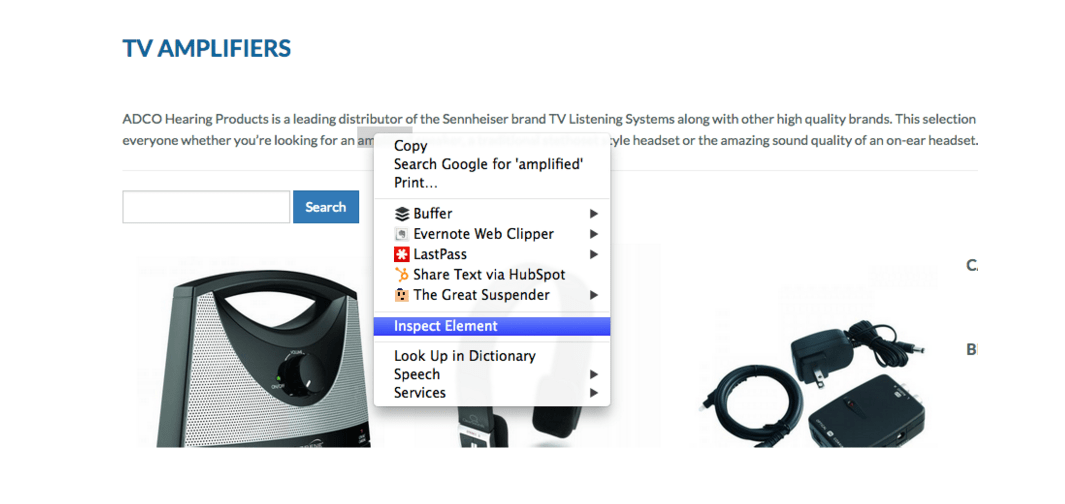 A product page for T V Amplifiers. A right-click menu is open and Inspect element is selected. 