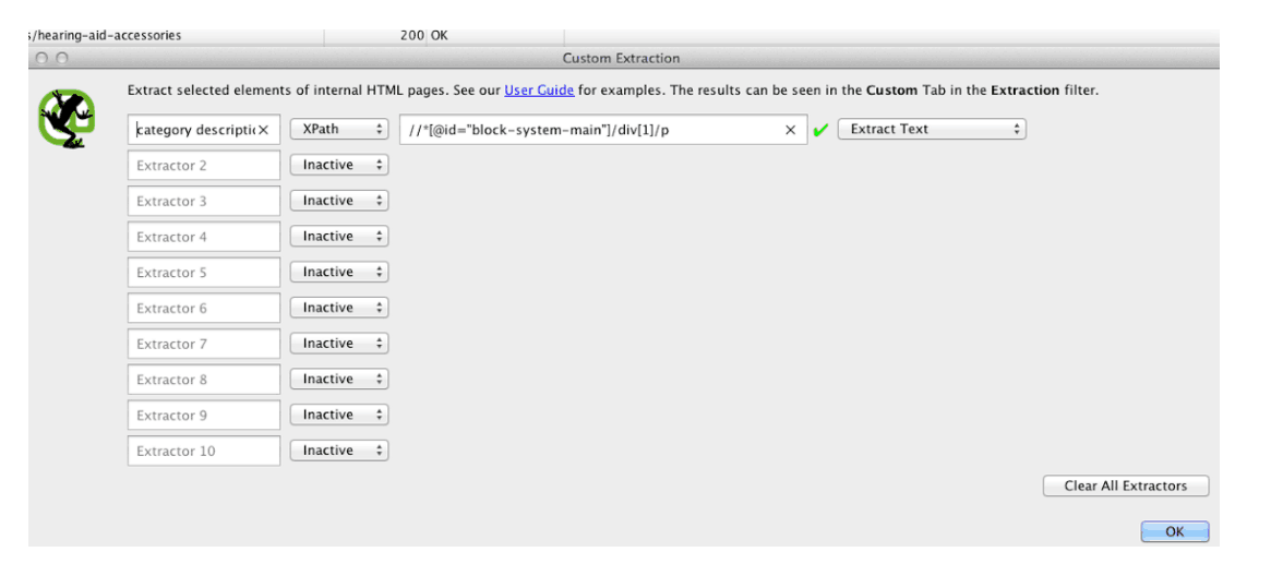 Screaming Frog Custom extraction page. 10 rows of textboxes. The first row contains from left to right a textbox, options box, textbox and an options box.  First row textbox states: Category description. "X path" is selected from the following options box followed by an X path in the following textbox. In the final options box "Extract text" is selected. 