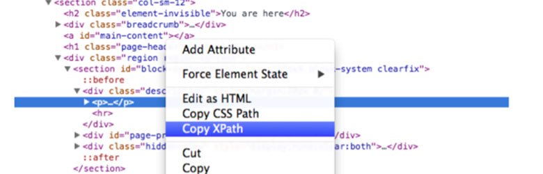 A screenshot of code. A line of code is highlighted. A menu appears over the code and CopyXPath is selected.