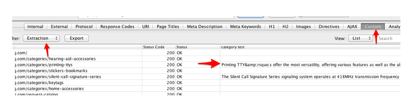 Screaming Frog screenshot dispalying a menu and table. An arrow points to an option box with "Extraction" selected above the table and below the menu. A second arrow points to the custom tab on the top menu. A third arrow points to the "Category test" column of the table. 