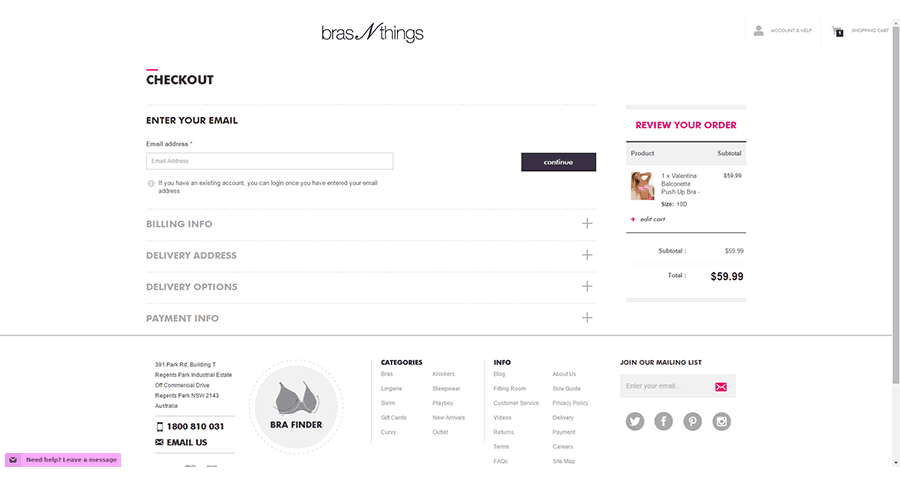 Bras N things checkout page. Enter your email is the first section. Followed by four accordion sections labeled Billing info, delivery address, delivery options, payment info. 