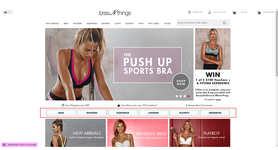 Bras N things homepage. Beneath the menu and a photograph are 6 circled buttons labeled: bras, knickers, sleepwear, lingerie, playboy and swimwear. 