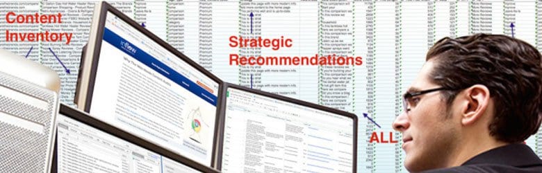 A photograph of a man looking at four stacked computer screens with more screens in the background labeled Content inventory, Strategic recommendations, All.