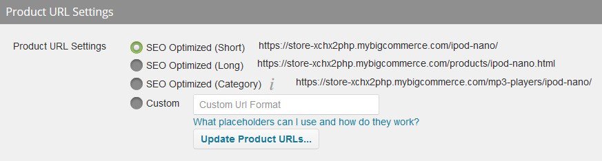 Screaming Frog Product U R L Settings. Product U R L format. Four options: First option: S E O optimized (short). A U R L beside it: https://store-xchc2php.mybigcommerce.com/ipod-nano/. Second option: S E O optimized (long). A U R L beside it: https://store-xchc2php.mybigcommerce.com/products/ipod-nano.html. Third option: S E O optimized (category). A U R L beside it: https://store-xchc2php.mybigcommerce.com/mp3-players/ipod-nano/. Fourth option: Custom. 