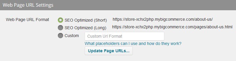 big-commerce-webpage-settings Screaming Frog Web Page U R L Settings. Web page U R L format. Three options: First option: S E O optimized (short) is selected. A U R L beside it: https://store-xchc2php.mybigcommerce.com/about-us/. Second option: S E O optimized (long). A U R L beside it: https://store-xchc2php.mybigcommerce.com/pages/about-us/.html. Third option: Custom.