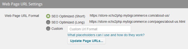 Screaming Frog Web Page U R L Settings. Web page U R L format. Three options: First option: S E O optimized (short) is selected. A U R L beside it: https://store-xchc2php.mybigcommerce.com/about-us/. Second option: S E O optimized (long). A U R L beside it: https://store-xchc2php.mybigcommerce.com/pages/about-us/.html. Third option: Custom. 